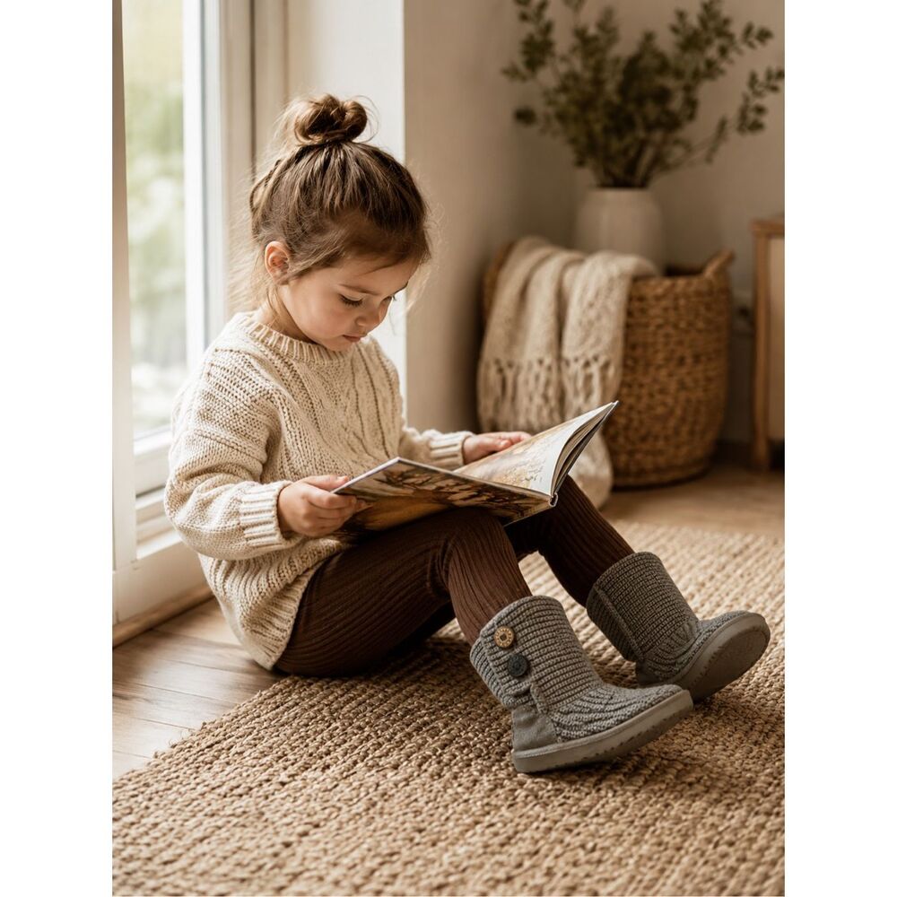 UGG Cardy Boots Kids Size 1 Gray Knit Sweater Boots Double Button Cozy Winter Sh